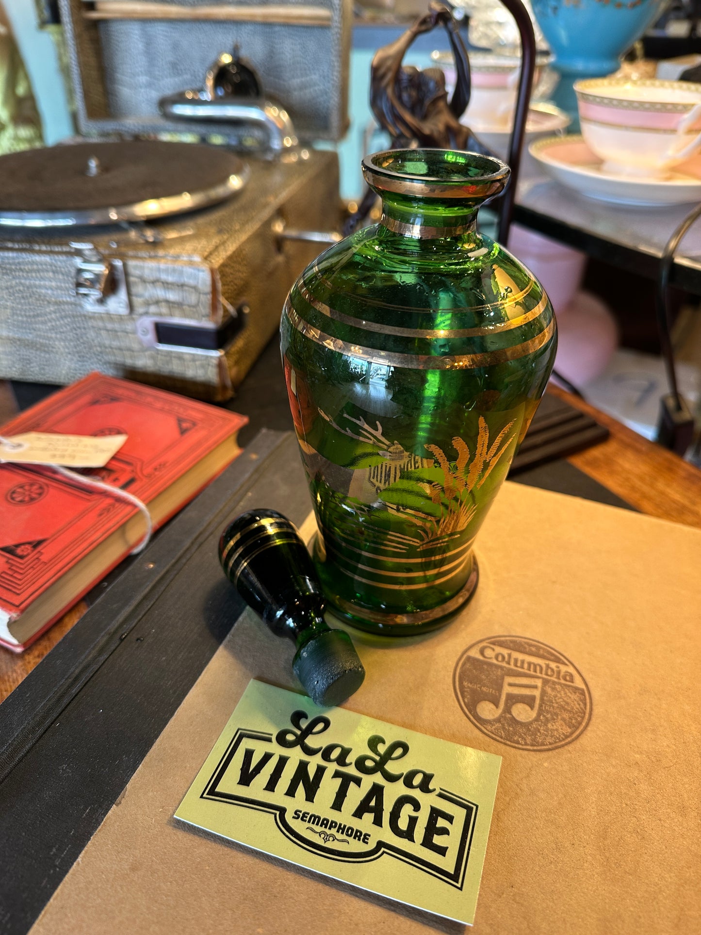 Vintage Green and Gold Bohemian Glass Decanter with Deer Design