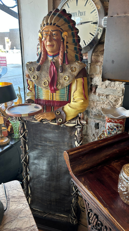 Life-size Native American Indian Chief fibreglass statue holding a tray and a menu board. Approx: 6” tall