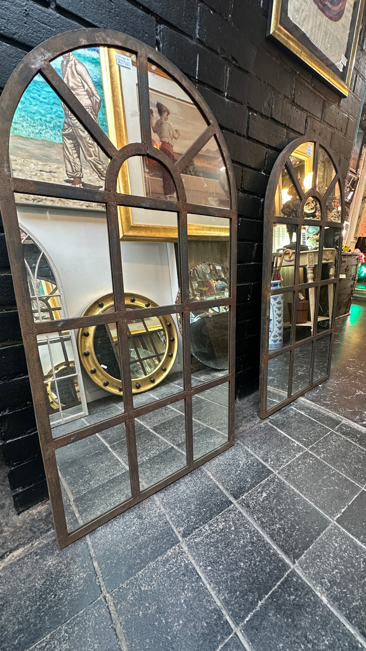 Vintage Industrial Wrought Iron Arched Window Mirror - 120cm x 65cm