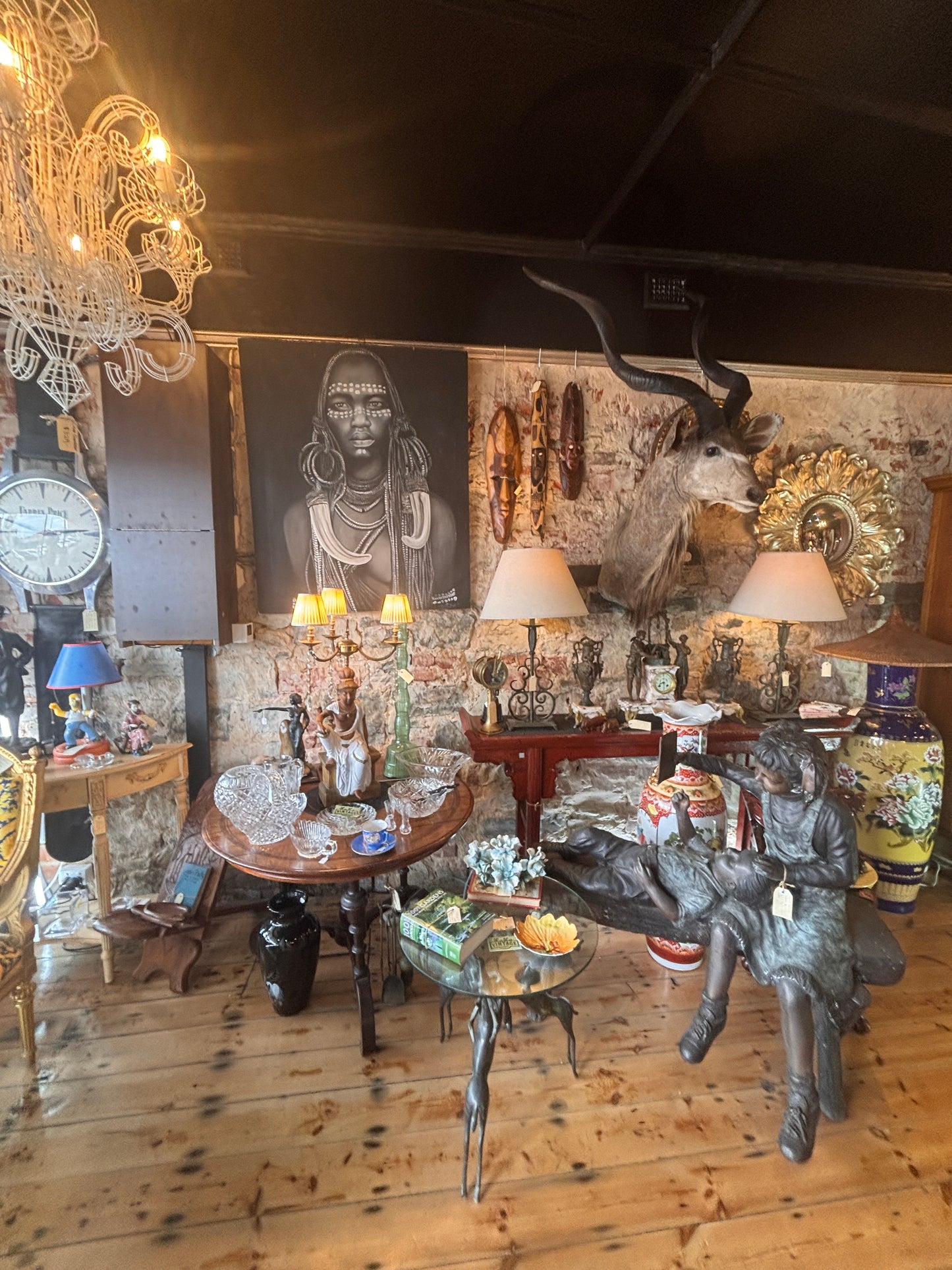 Large Figural Orientalist Table Lamp – Glazed Ceramic & Brass, 3-Light Candelabra, c. 1920s–40s