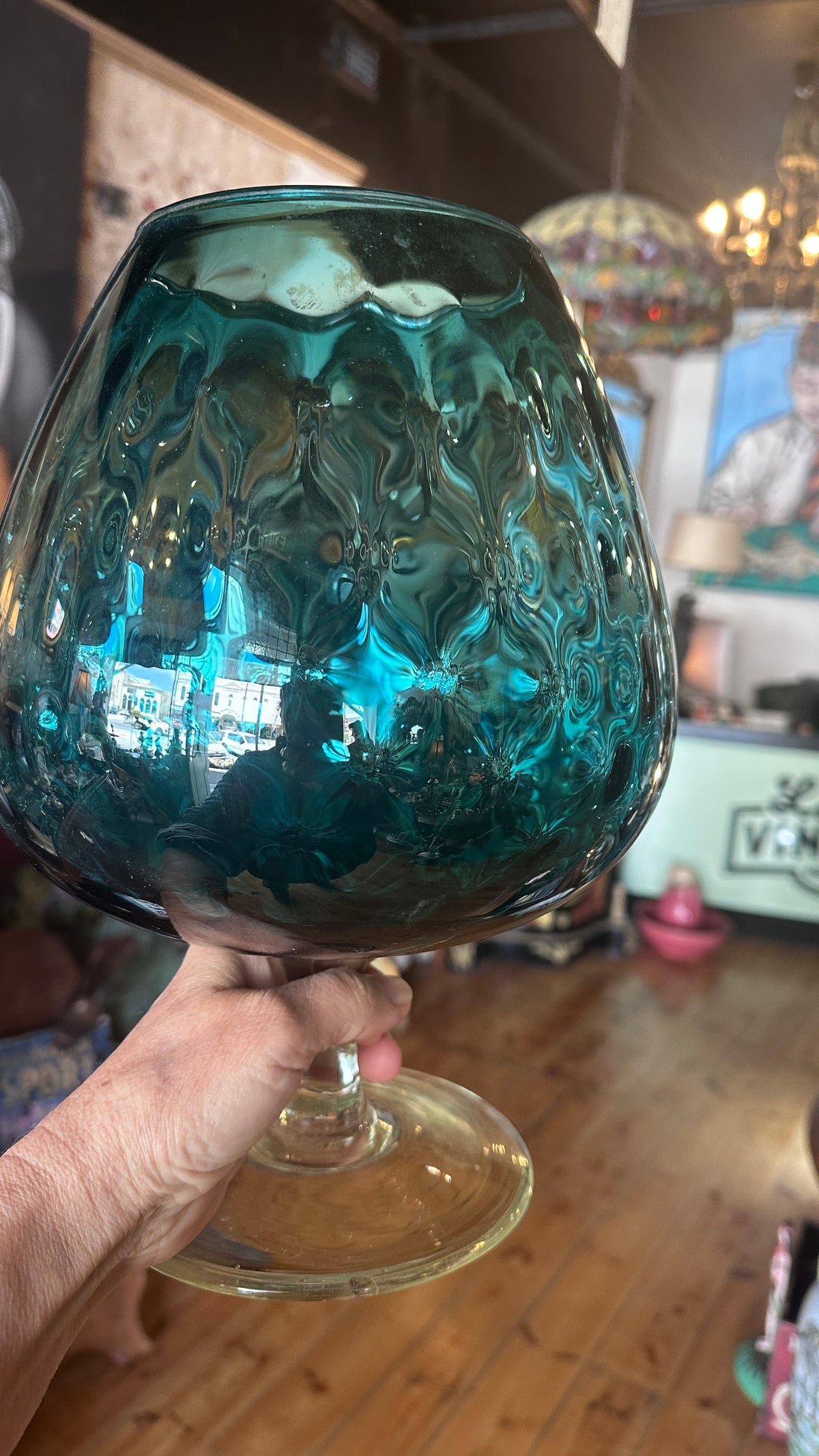 Mid Century Modern Italian Teal Blue Blown Glass Brandy Balloon Goblet Pedestal Vase