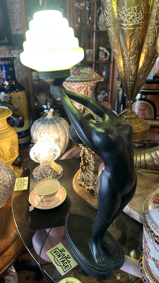 Art Deco Table Lamp in Matte Black with Tiered Glass Shade