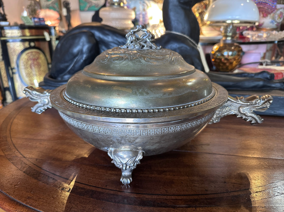 Vintage Chinese Brass Dragon Dragon Handle Lidded Tureen