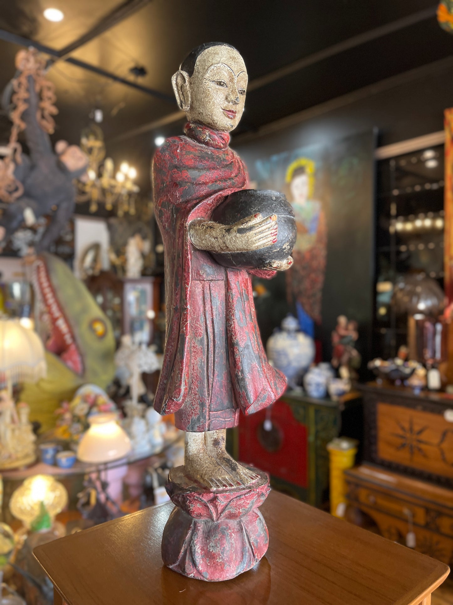 Burmese Buddhist Monk Statue – Hand-Carved & Painted