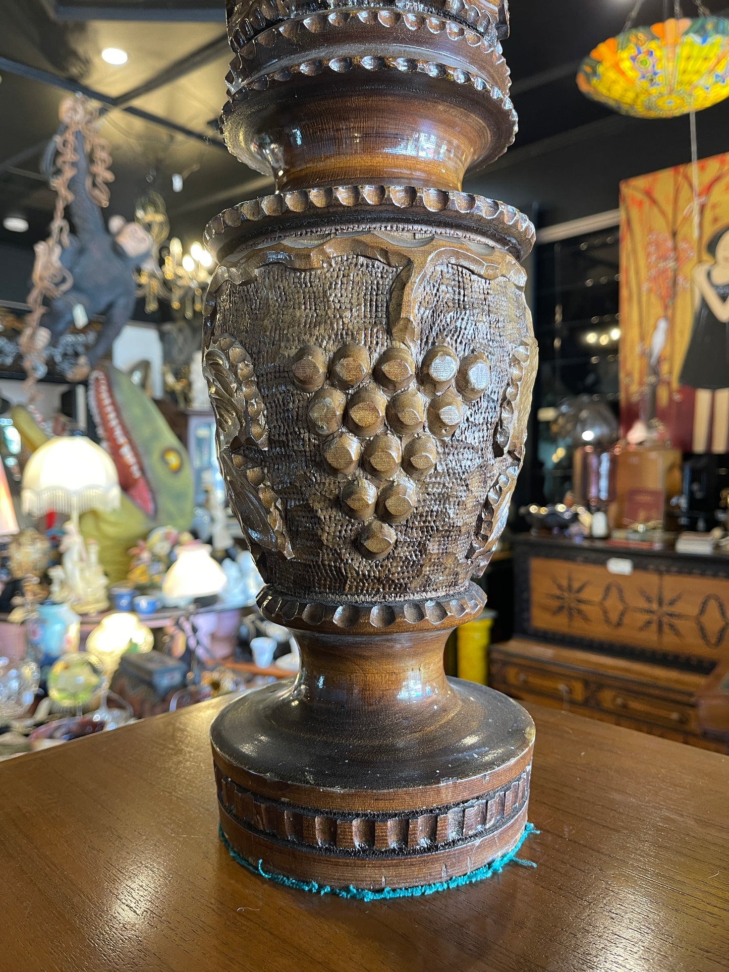 Large Vintage Hand-Carved Wooden Vase – Ornate Tribal Floral Design