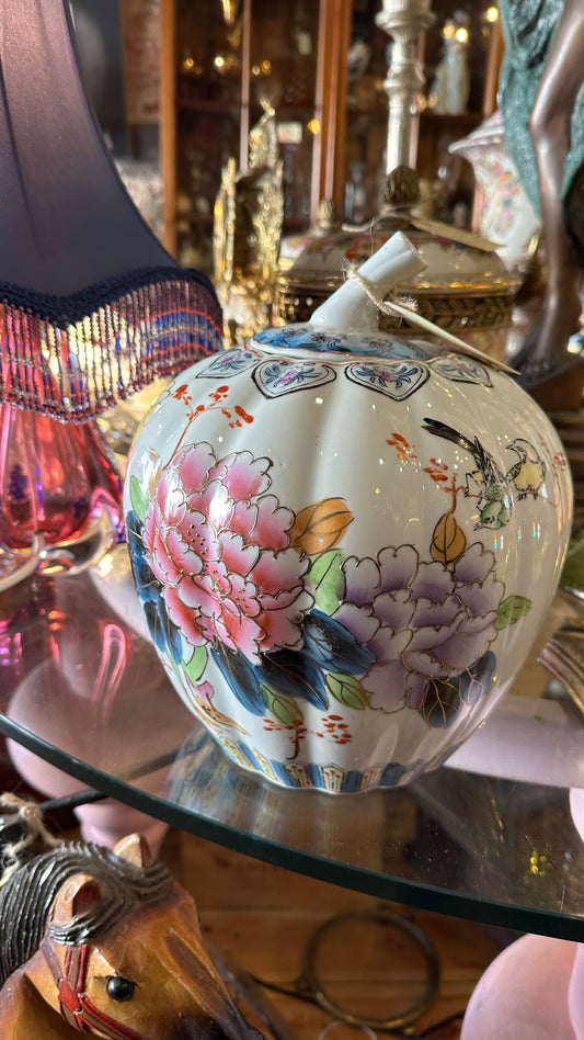 Vintage Chinese Porcelain Pumpkin Lidded Ginger Jars Pair | Hand-Painted Peony Chinoiserie Decor