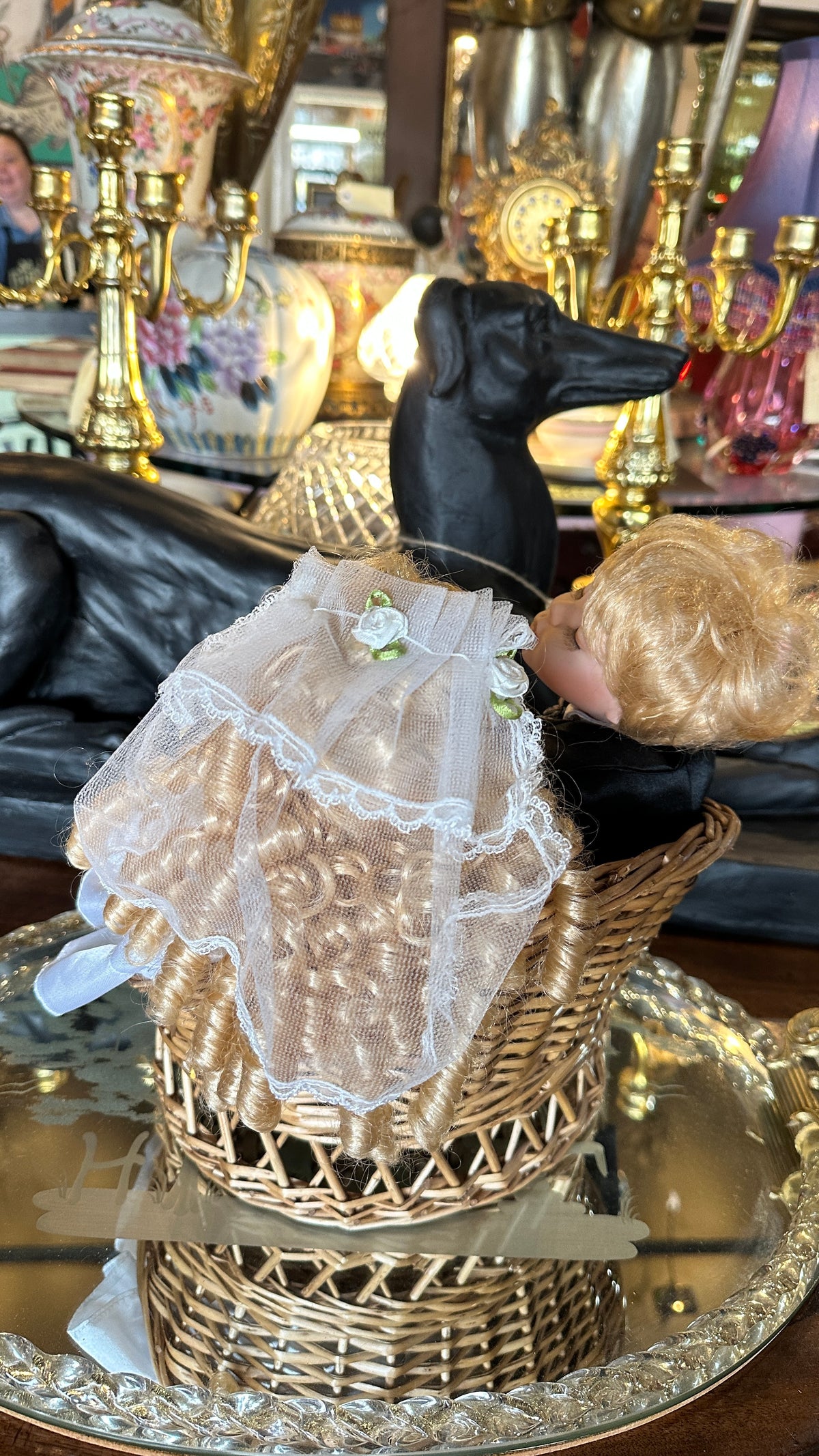 Bride and Groom, porcelain dolls in a basket