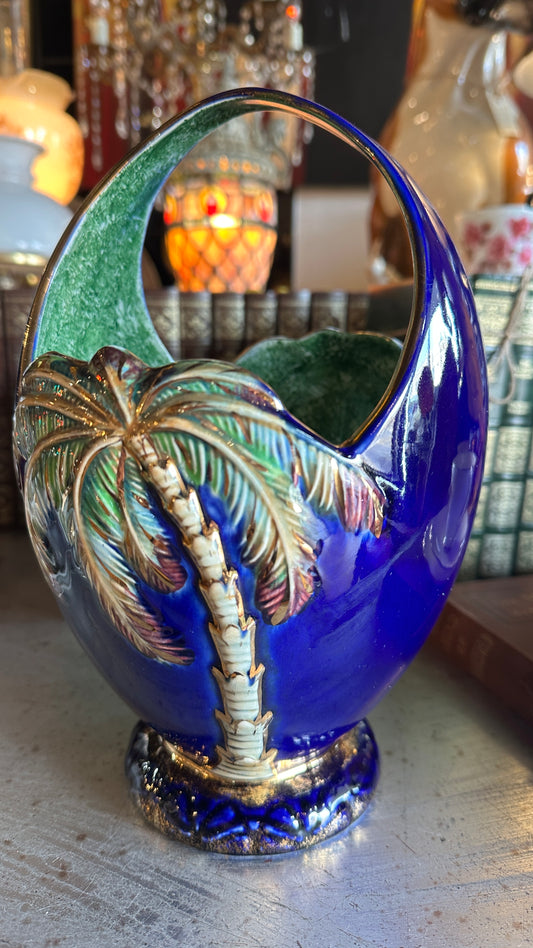 Vintage Beswick Ware Palm Tree Basket Vase Model 1070, Cobalt Blue Art Deco