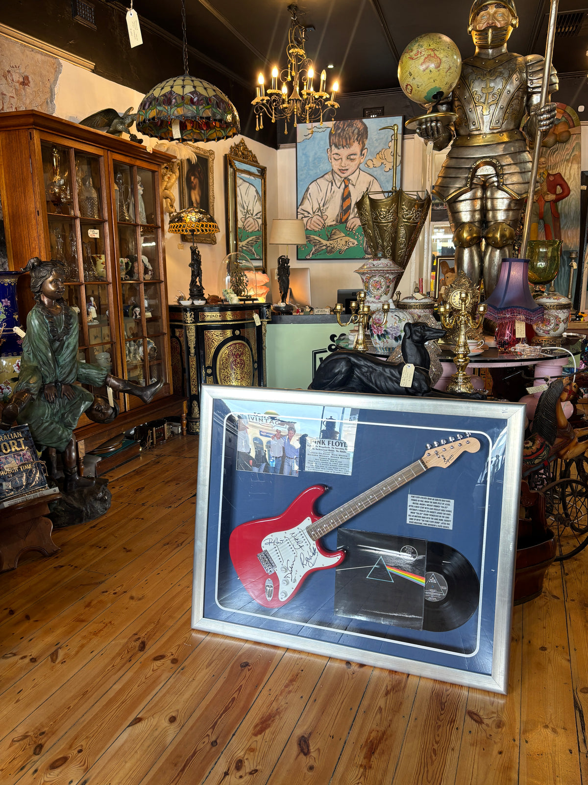 Pink Floyd Signed Guitar Display – Framed Squier Stratocaster with Dark Side of the Moon LP & COA | La La Vintage