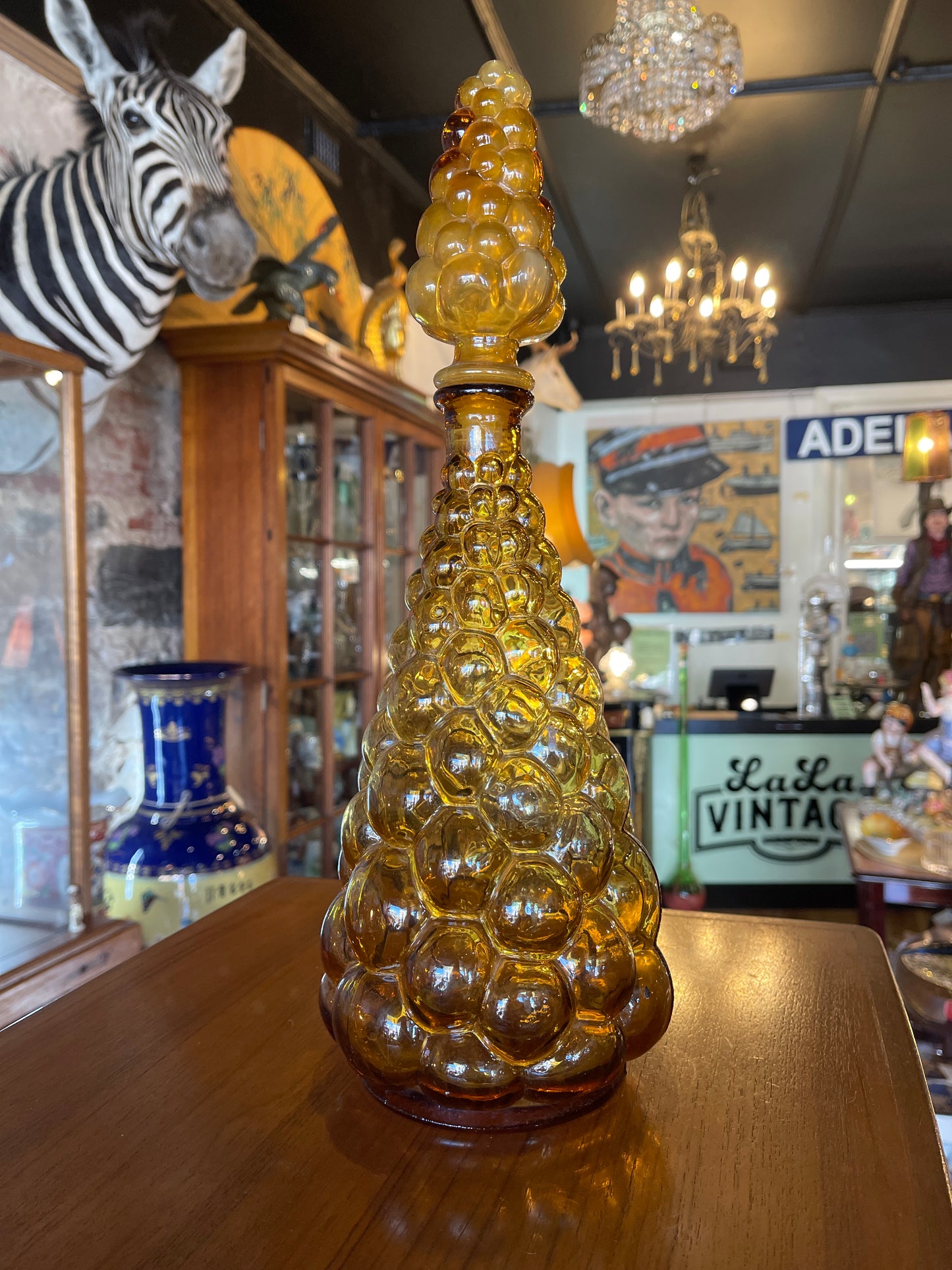 Vintage Empoli Amber Bubble Glass Genie Bottle – Italy, Mid-Century with Stopper