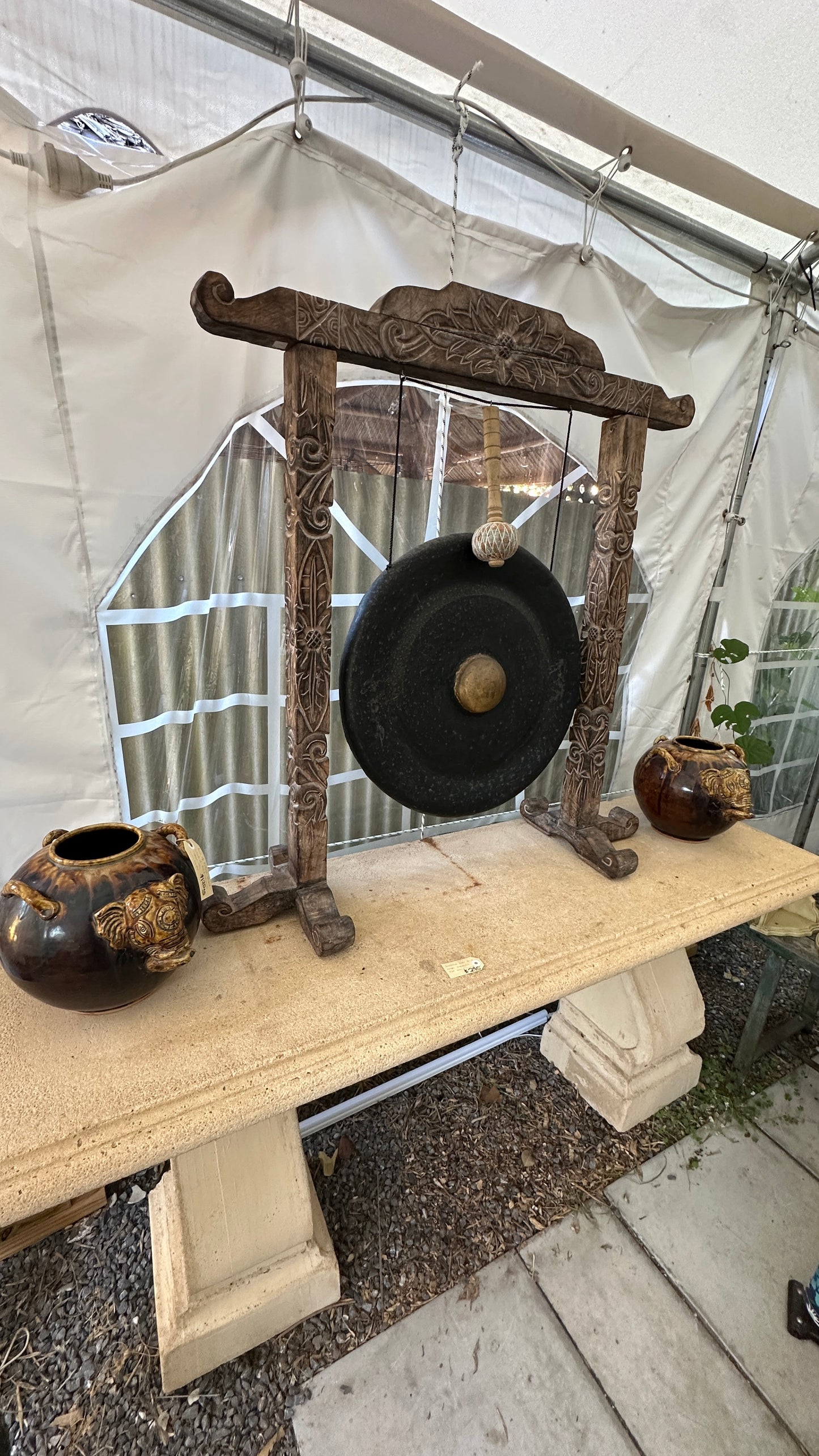 Large Ornate Carved Dinner Gong with Stand