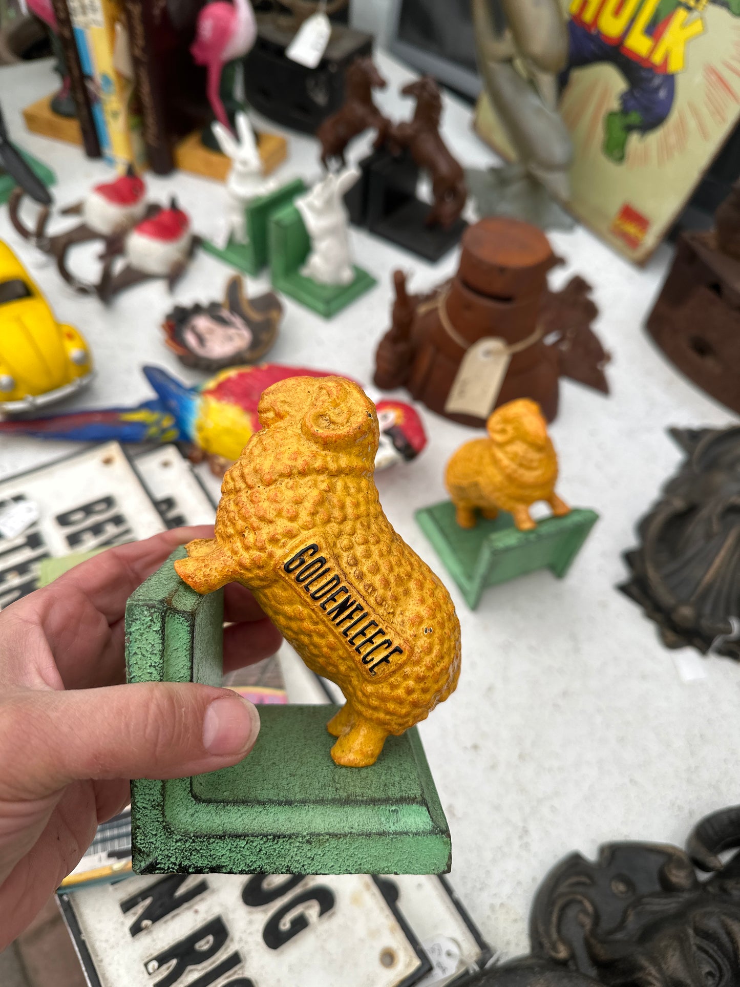 Cast Iron Golden Fleece Bookends with Green Base