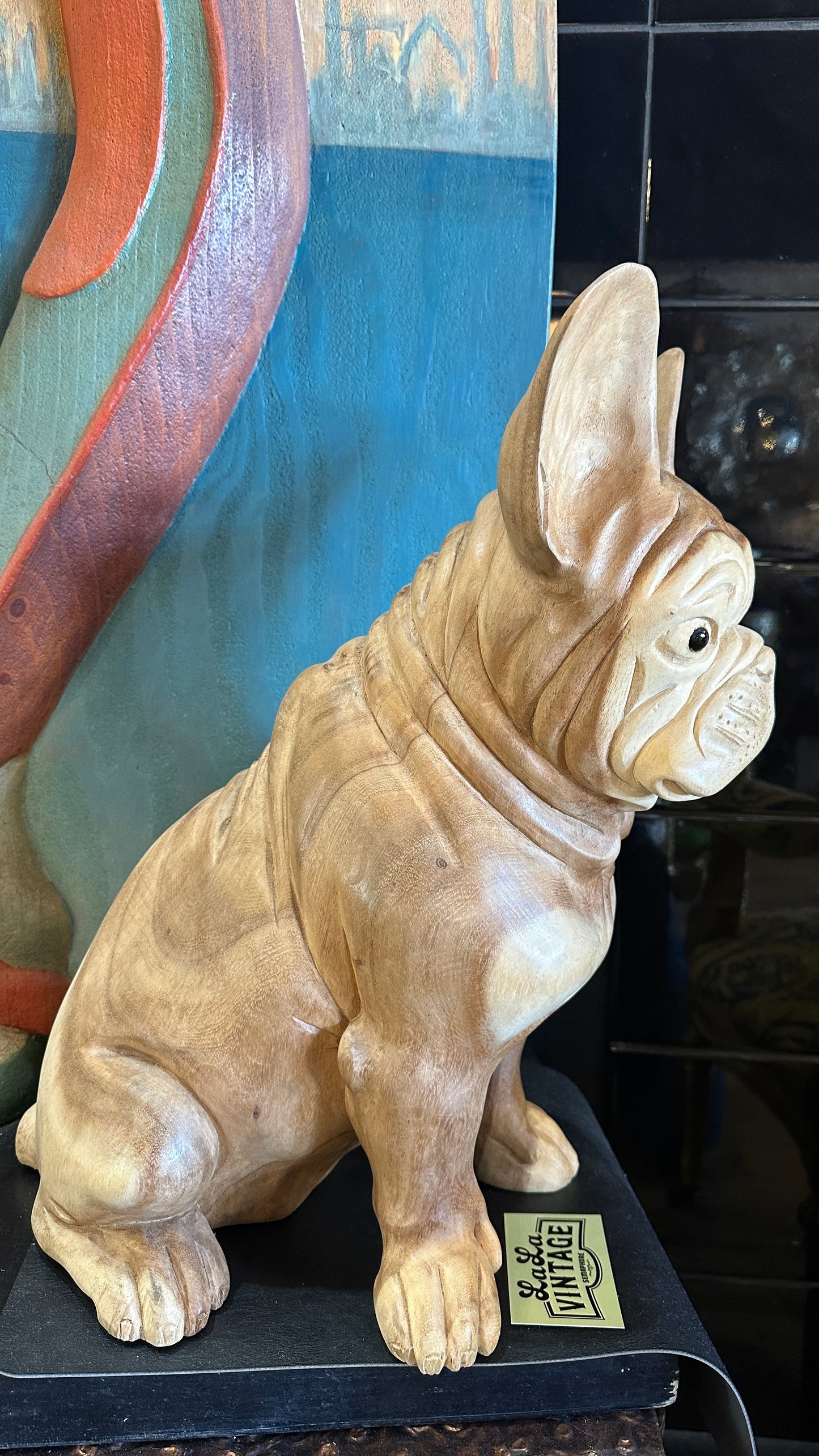 Solid Wooden Bulldog Statue