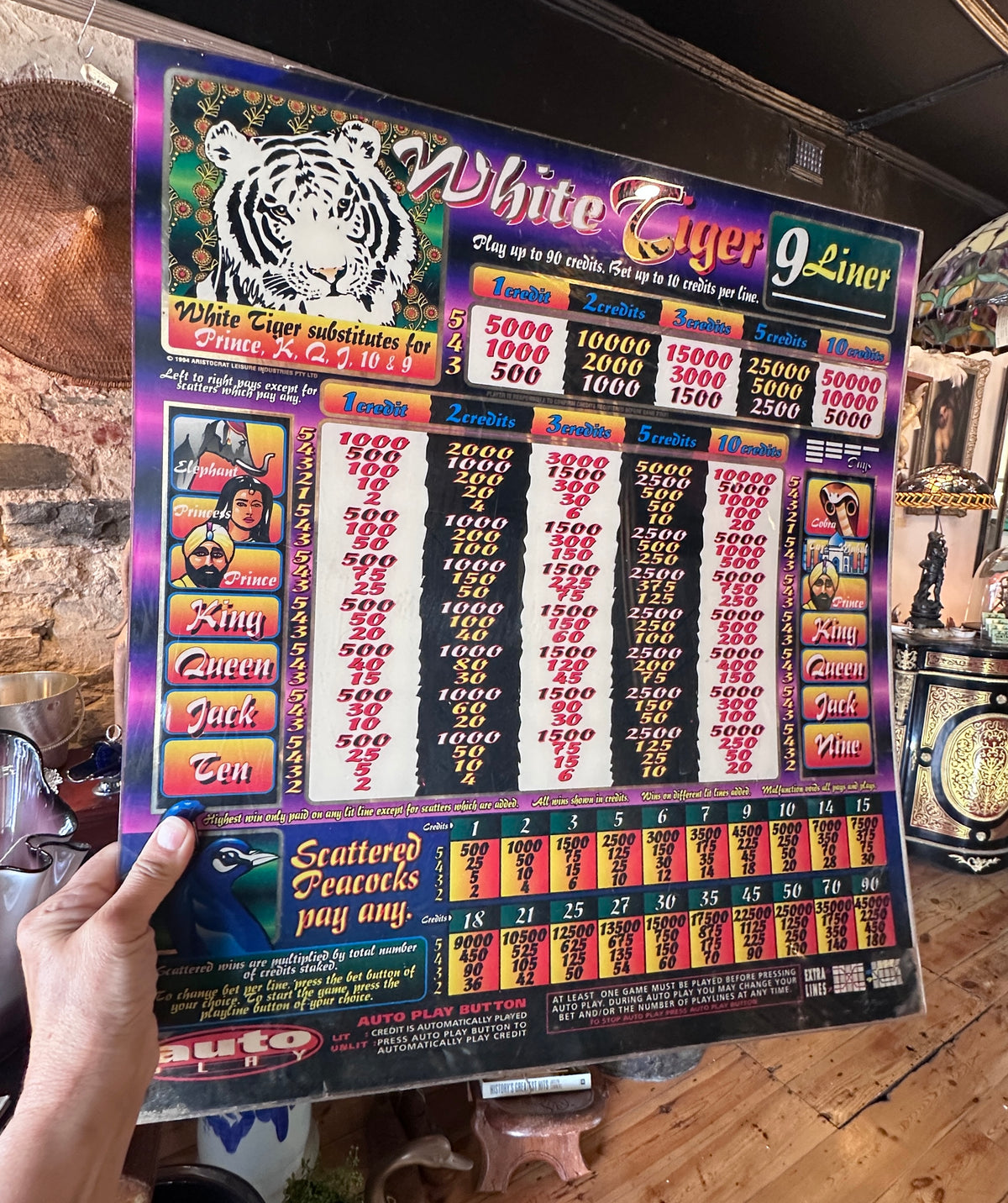 Vintage Aristocrat "White Tiger" 9-Liner Slot Machine Glass Paytable Panel Art (56cm x 50cm)