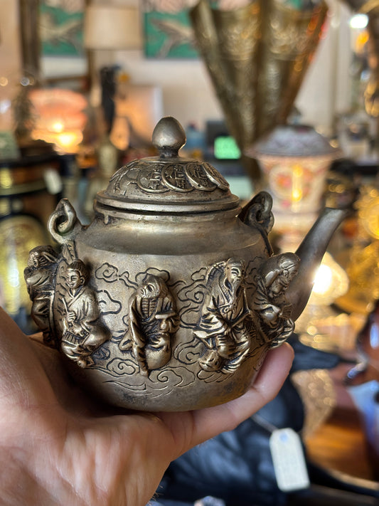 Vintage Chinese Brass Teapot – The Eight Immortals Relief & Coin Lid