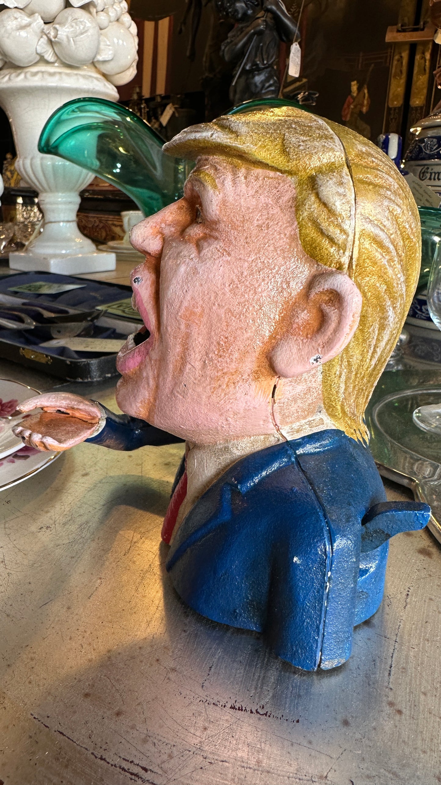 Donald Trump Cast Iron Mechanical Coin Bank, Hand Painted