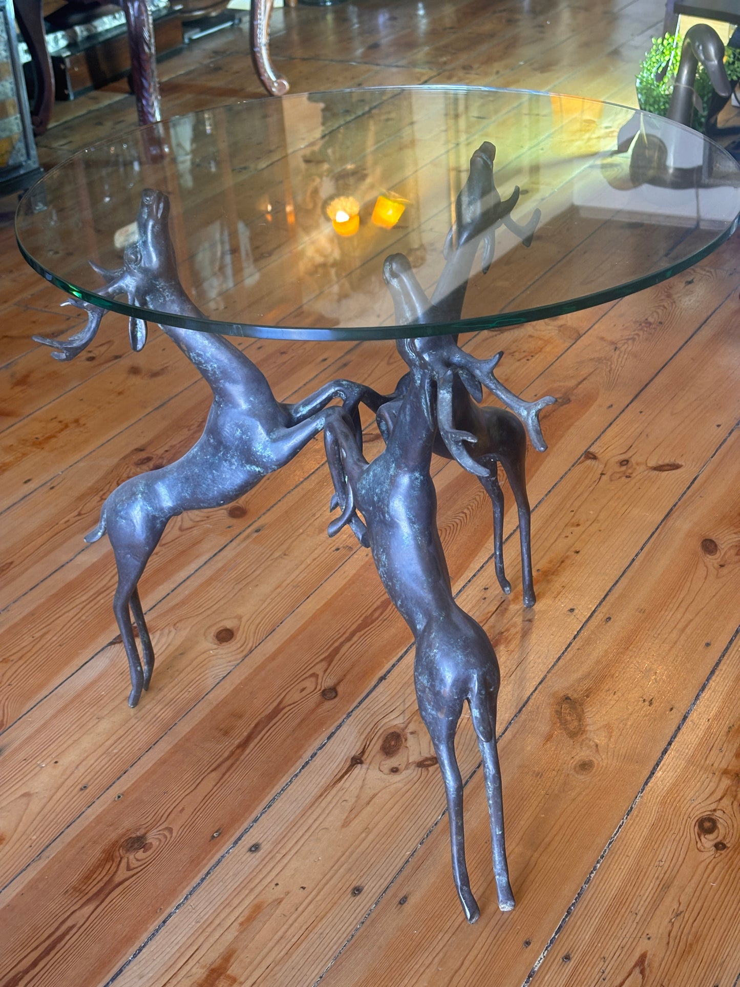 Vintage Bronze Deer Coffee Table with Circular Glass Top | Sculptural Animal Base | Mid-Century Style | 60cm