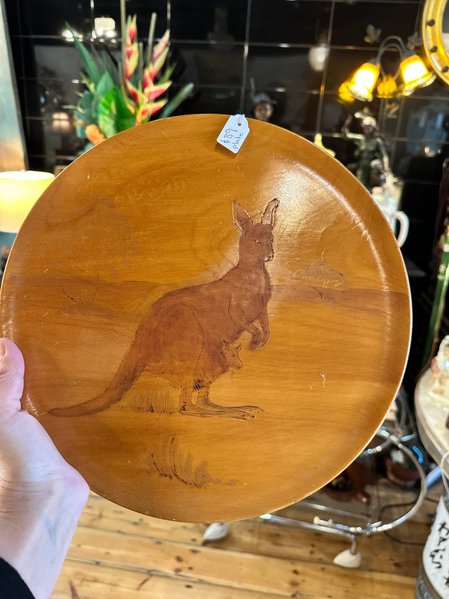 Australian Kangaroo Wooden Wall Art Plate, Vintage