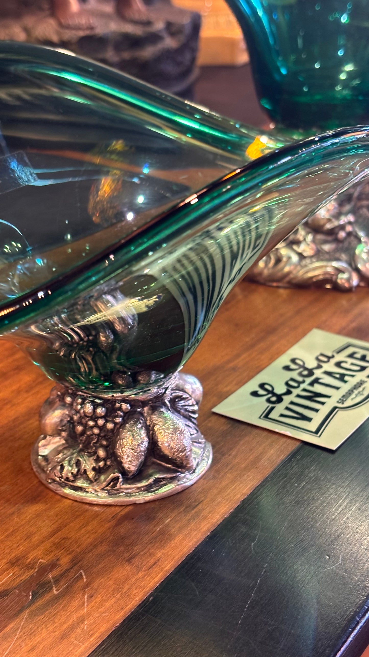 Vintage Italian Green Crystal Pedestal Bowl – Cristalli d’Oggi – Ornate Silver Fruit Base – 23cm