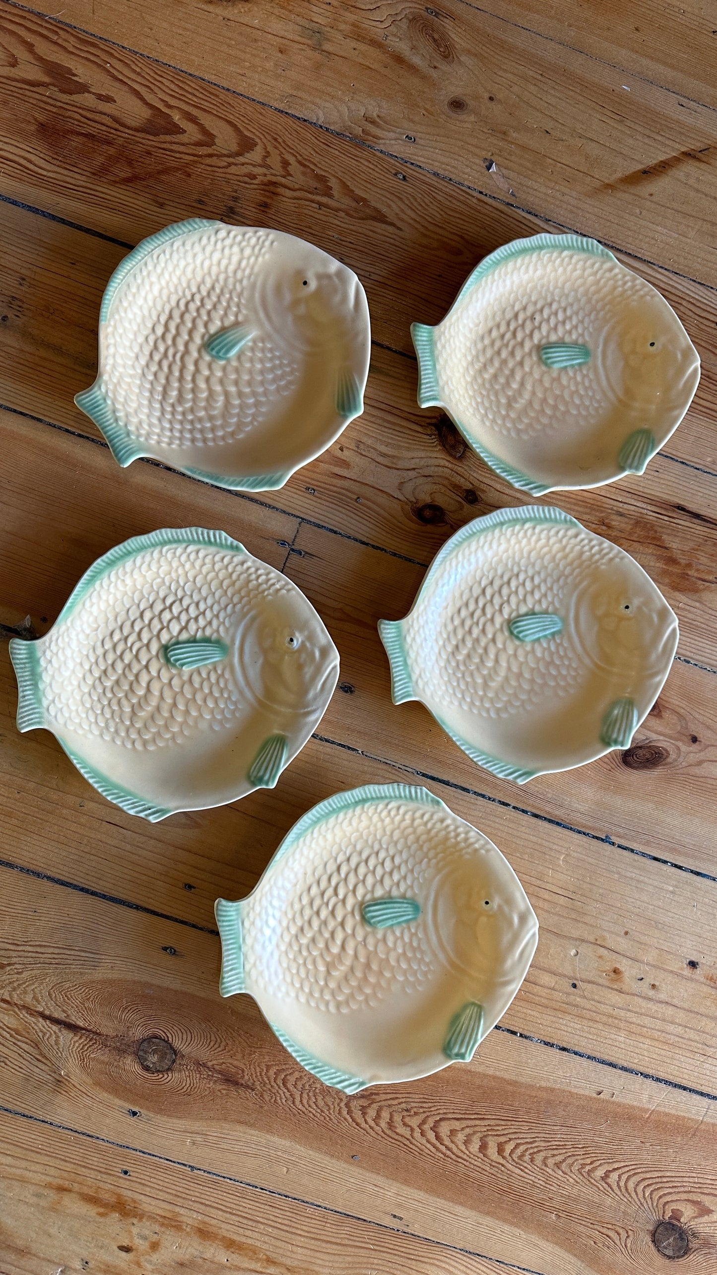 Vintage fish-shaped plates made by Shorter & Son of Stoke-on-Trent, England, sold separately