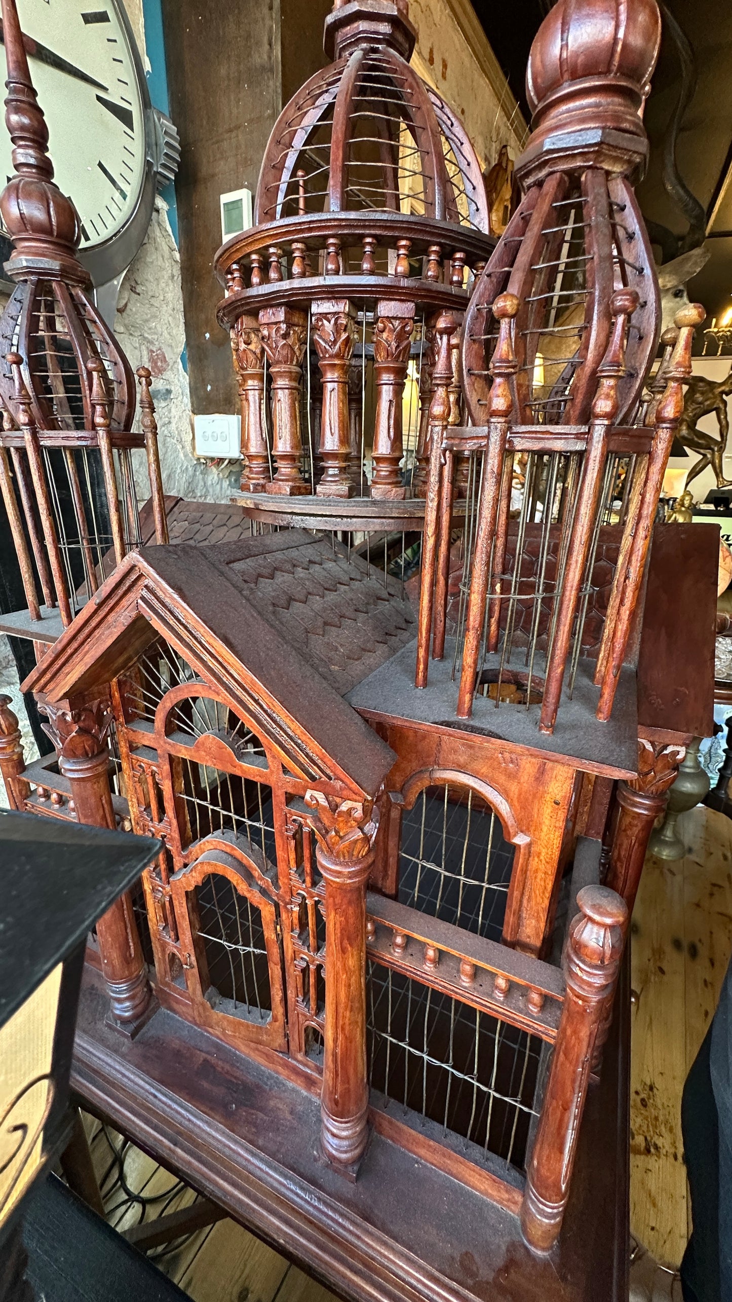 Monumental Mahogany Cathedral Birdcage, 70x70x190cm