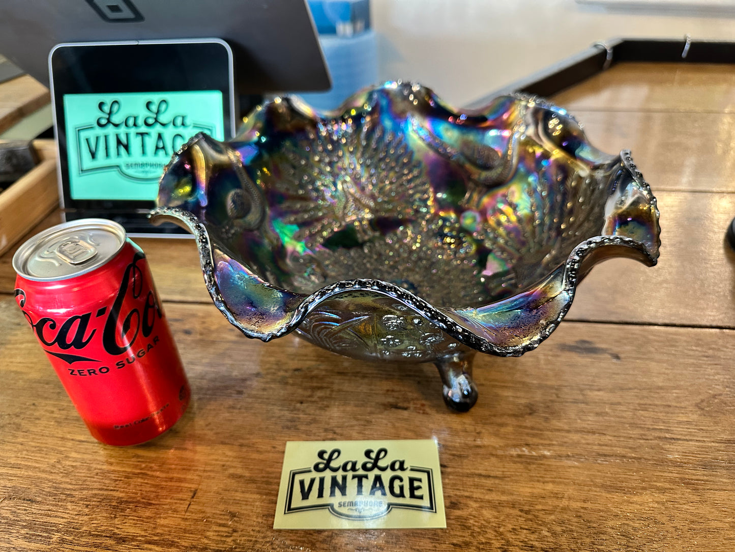 Oriental Peacock Carnival Glass Heavy Opalescence Triple Claw Footed Ruffle Rim Bowl