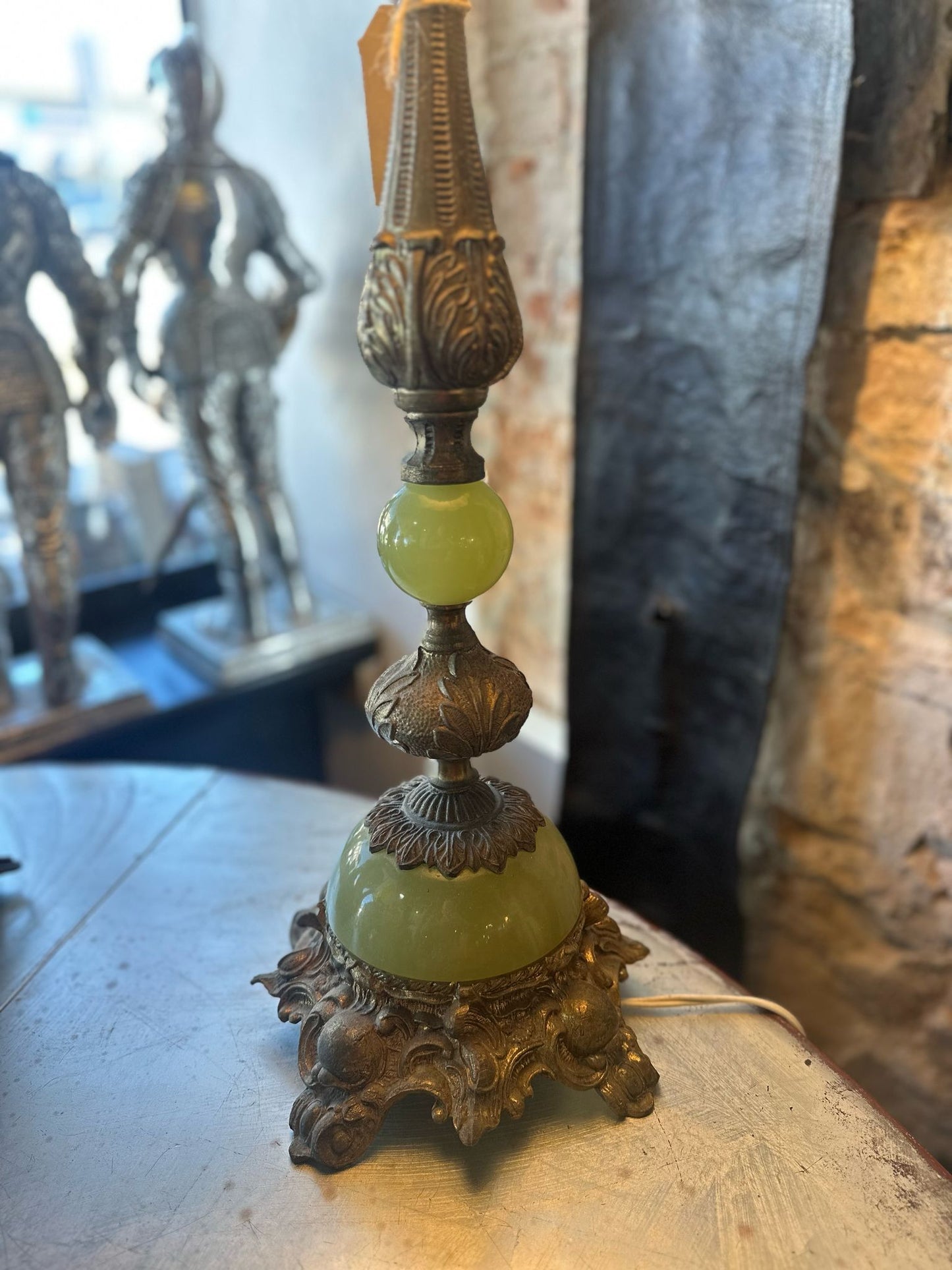 Tall Brass and Glass (green coloured) Table Lamp with Shade