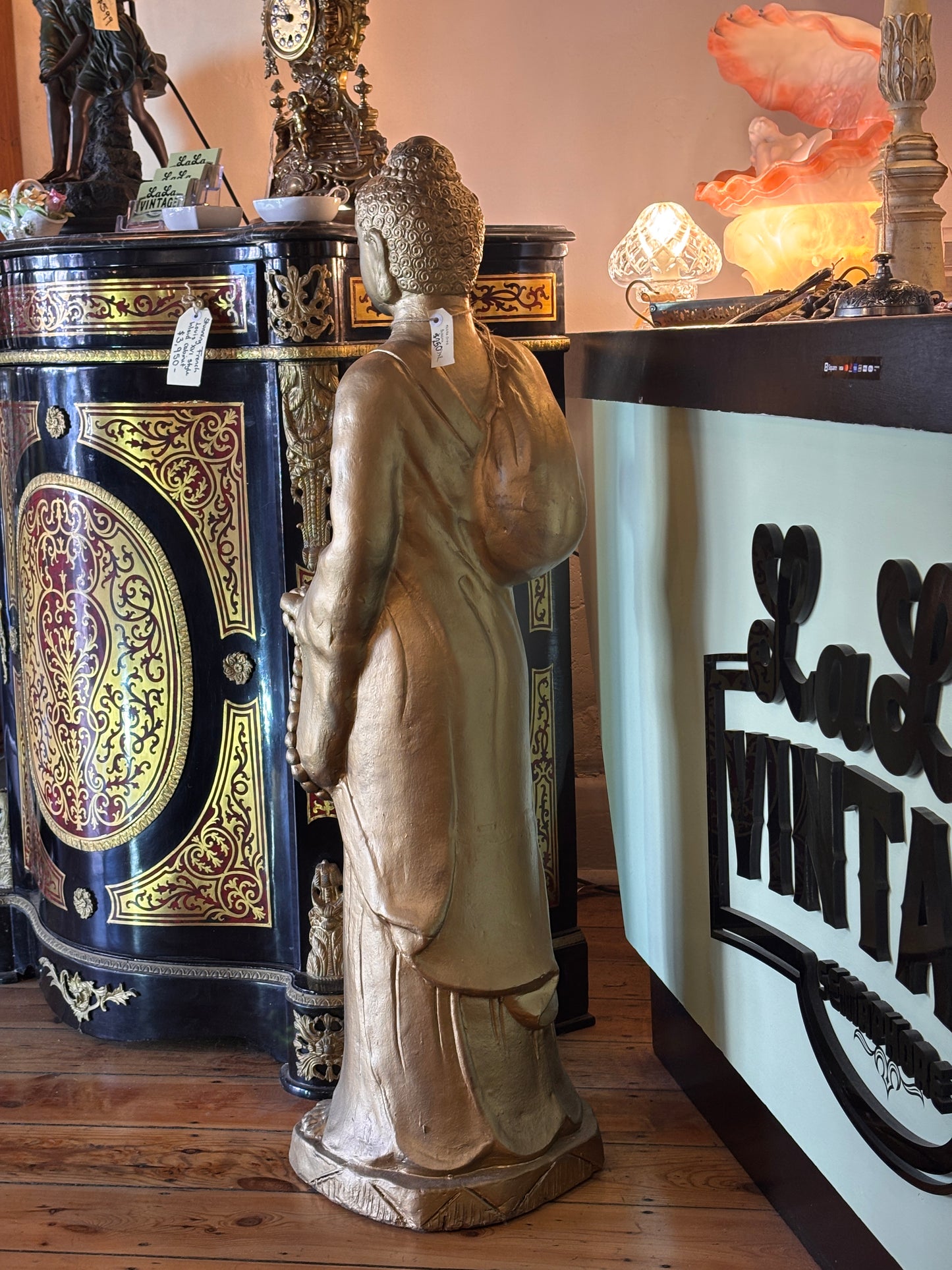 Large Gold Painted Terracotta Standing Buddha Statue 110cm – Asian Decorative Figure