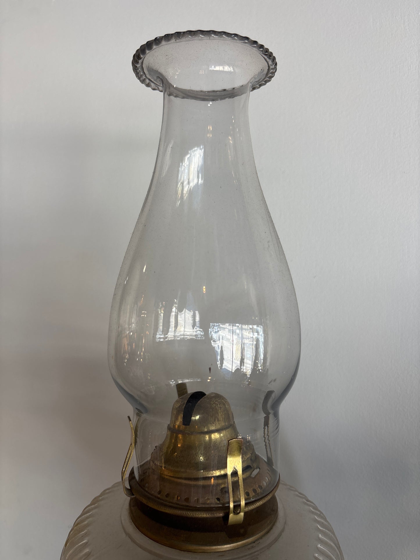 Antique Figural Spelter Oil Lamp c.1900 – Pressed Glass Font, 54 cm