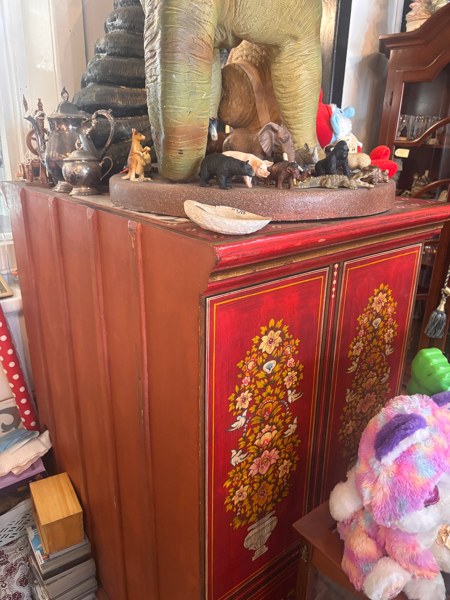 Large Hand Painted Red Floral Cabinet | Folk Art TV & Storage Cabinet