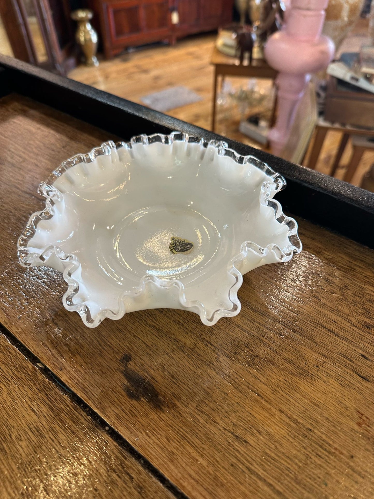 Vintage Silver Crested Fenton Glass milk glass bowl with clear ruffled edges