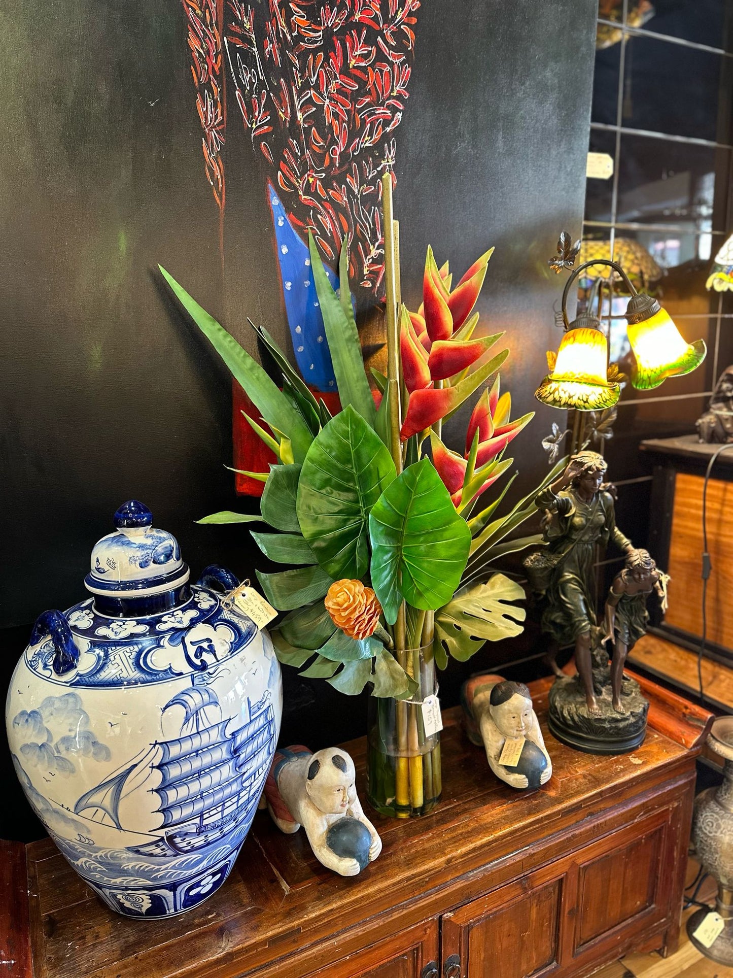 Large Tropical Artificial Flowers in Glass Vase