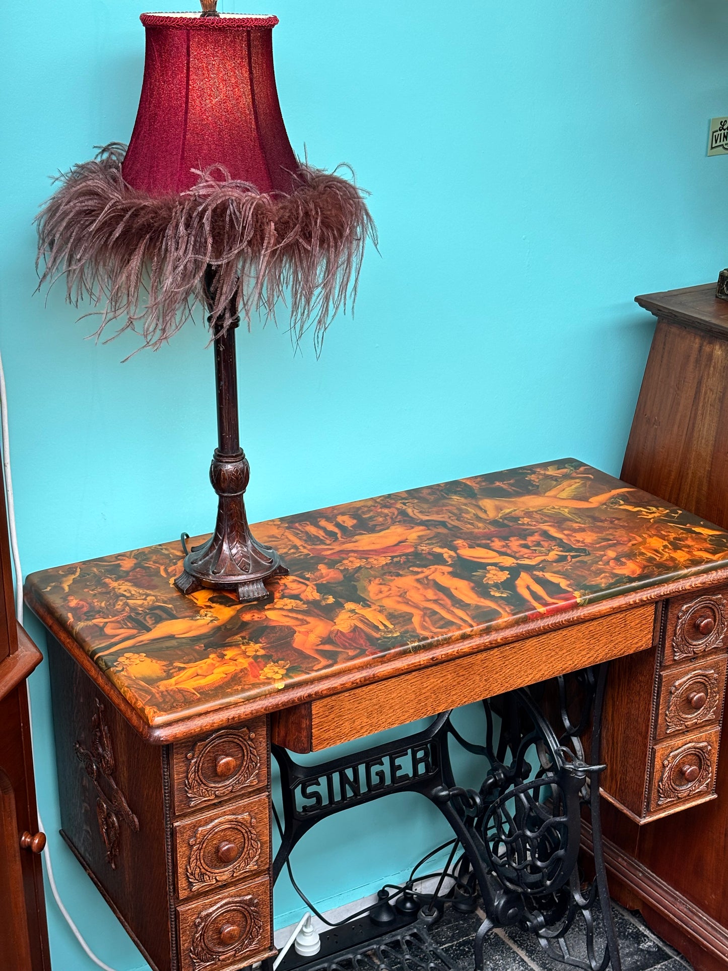 Side Table Decoupage Top Singer Sewing Machine Base Restored Antique