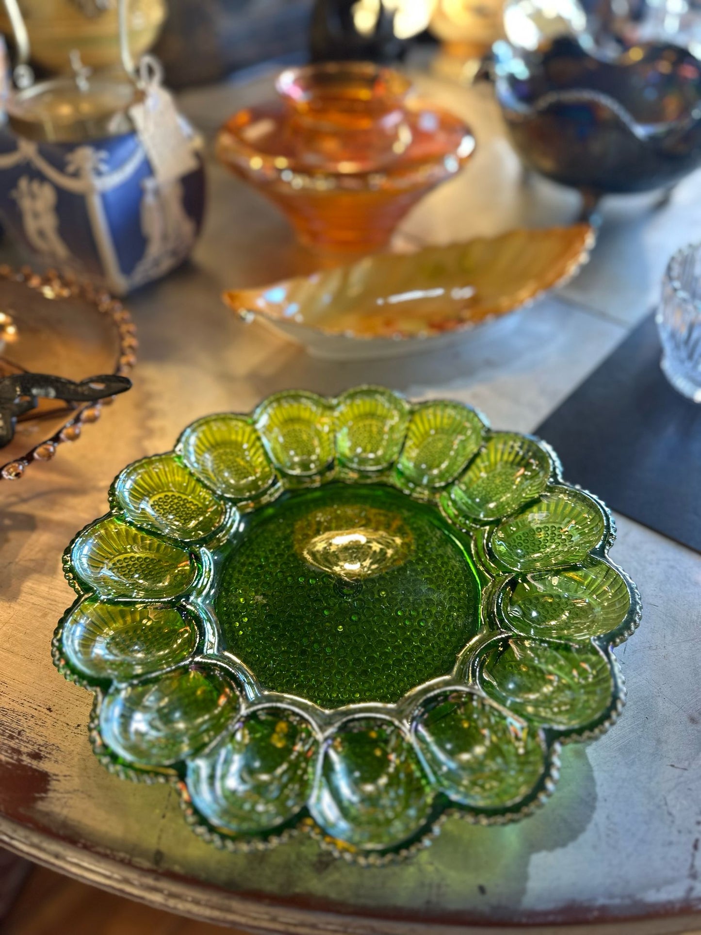 Platter mid-century deviled egg platter green glass