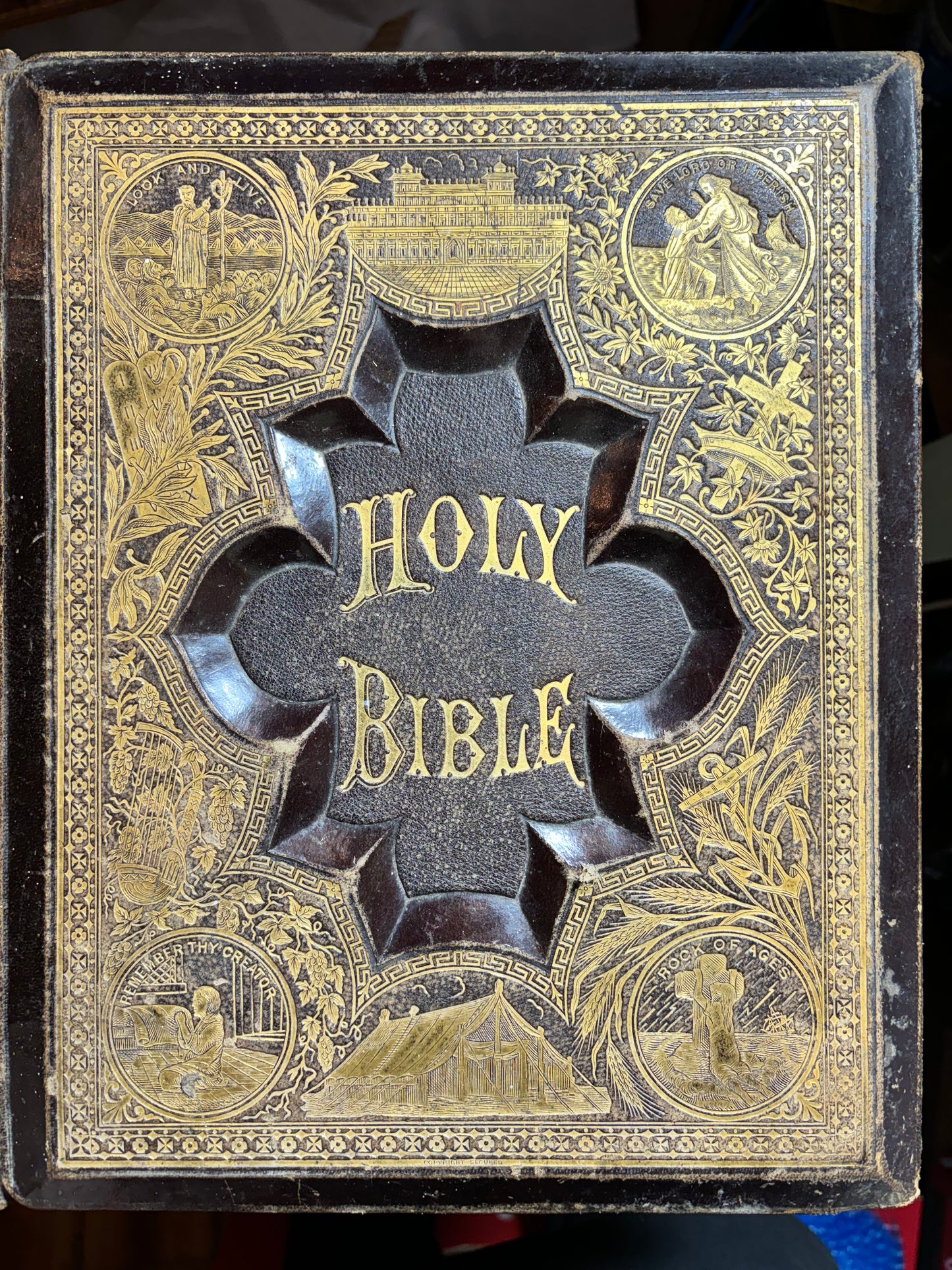 Victorian Family Bible c.1870 – Gold Gilt Leather Embossed Antique