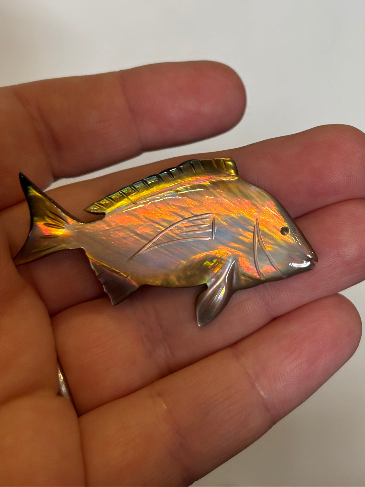 Hand-Carved Iridescent Pearl Shell Fish Brooch