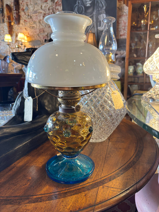 Blue and Amber Glass Kerosene Lamp with Kosmos-style Burner and Opaline Shade