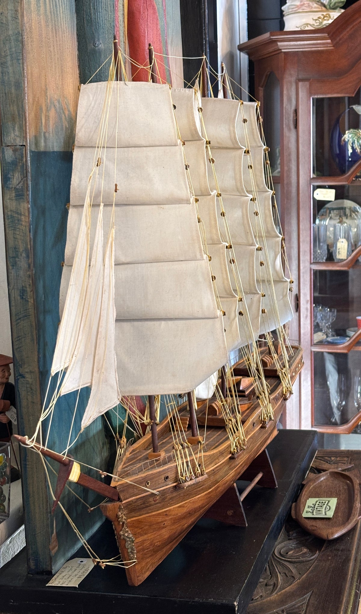 Vintage Five-Masted Barque Tall Ship Model – Large Hand-Built Hardwood Display Model with Cloth Sails, c.1970s–80s