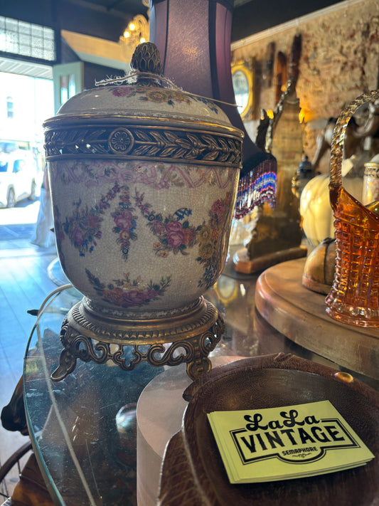 Beautiful Ceramic Pot/Urn with Brass Stand and Extensive Floral Decoration