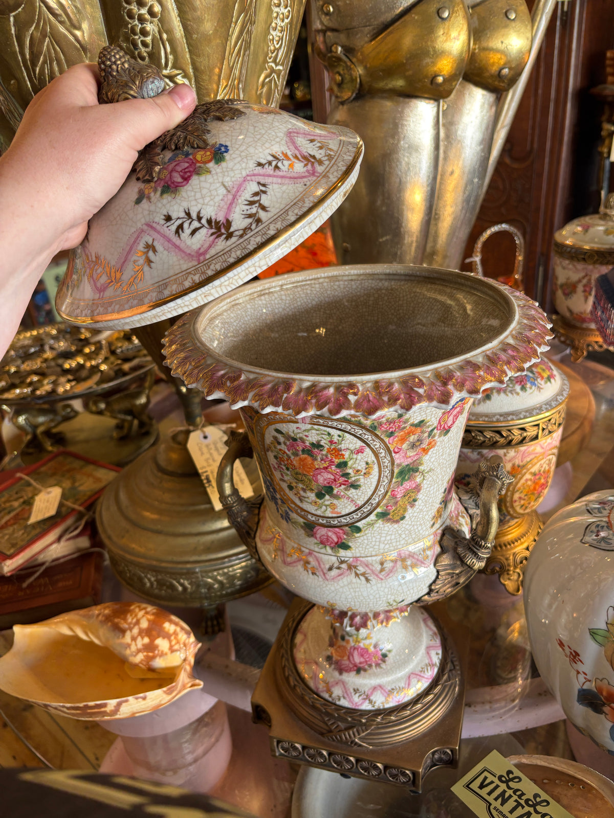 Beautiful Ceramic Urn with Brass finial handles and Stand with Floral Decoration