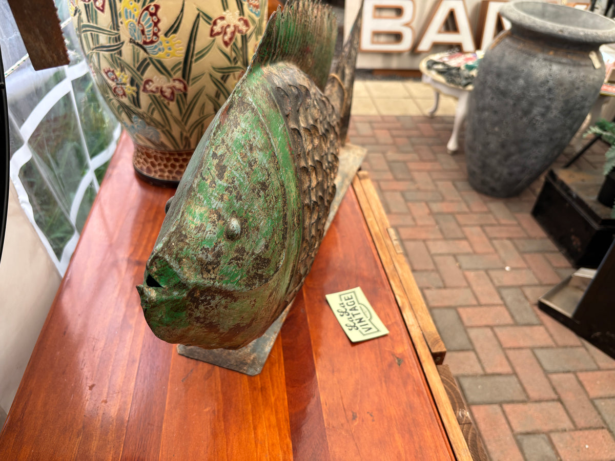 Rustic Hand-Painted Metal Fish Sculpture on Stand