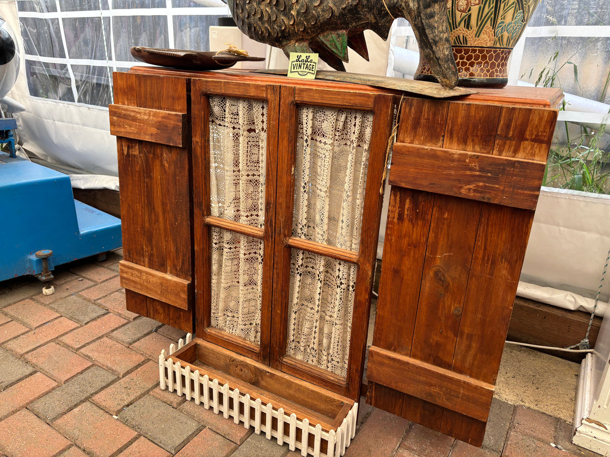 Rustic Timber Faux Window with Shutters, Lace Curtains & Picket Fence Planter Box