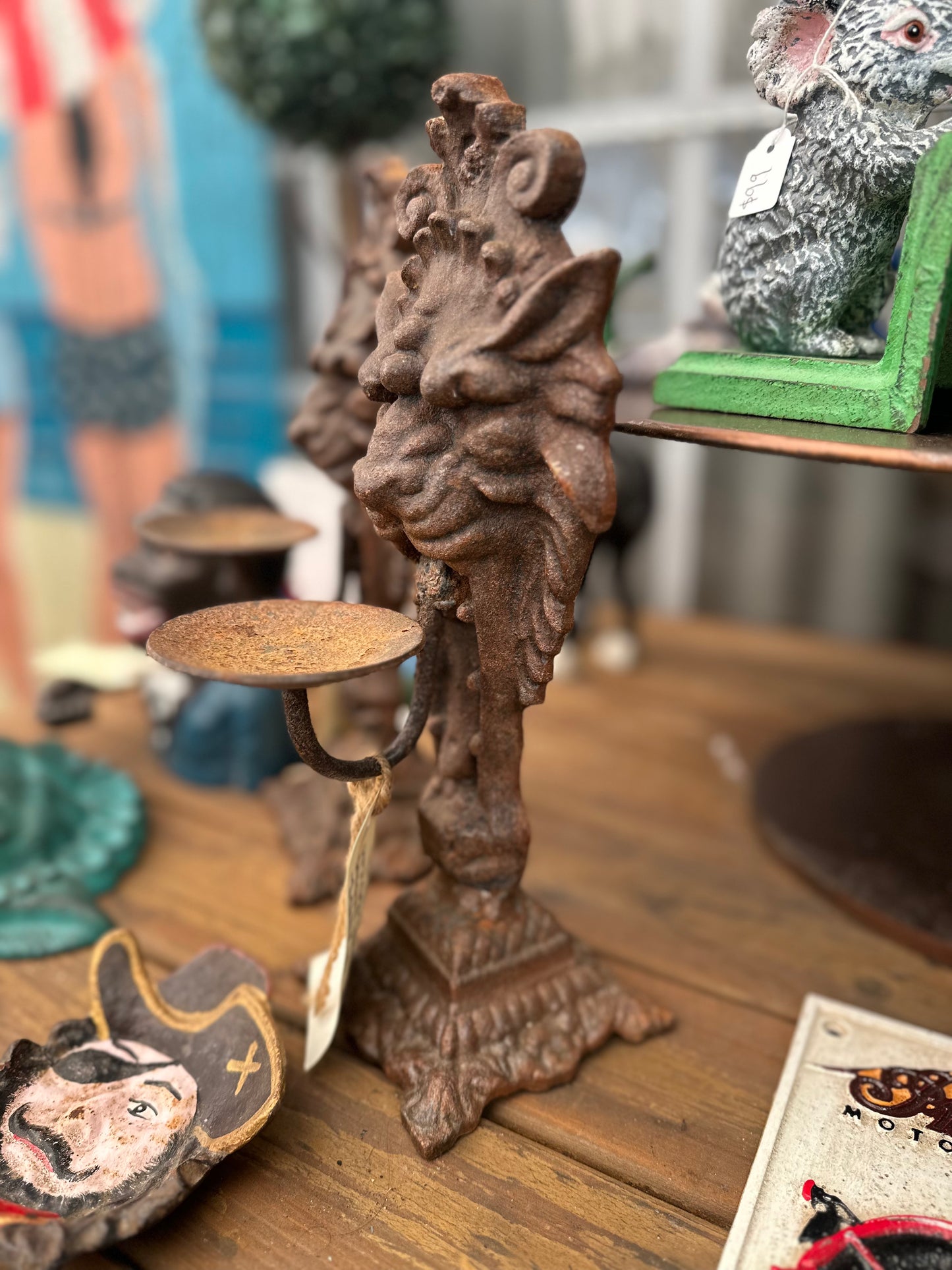 Cast Iron Lion Head Candle Stand - 30cm Antique Style Rustic Pillar Holder