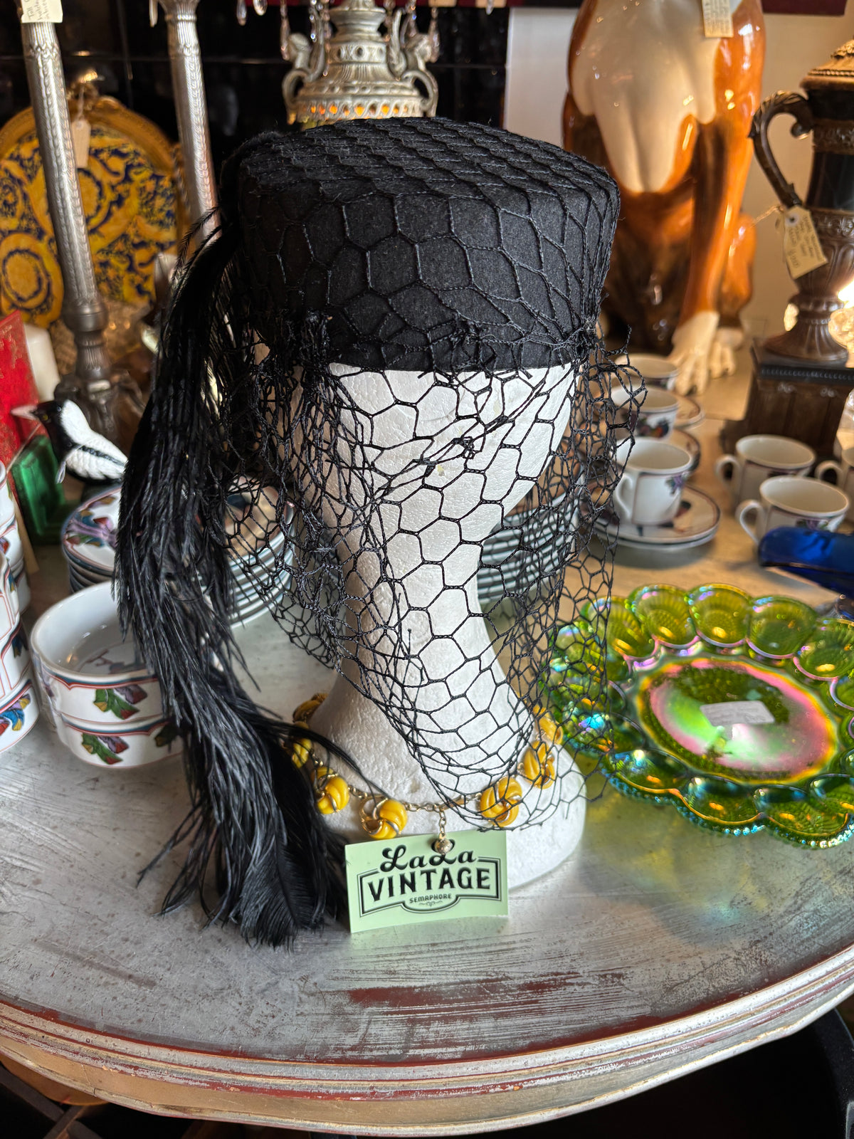 Black Felt Pillbox Hat with Full Veil and Ostrich Plume