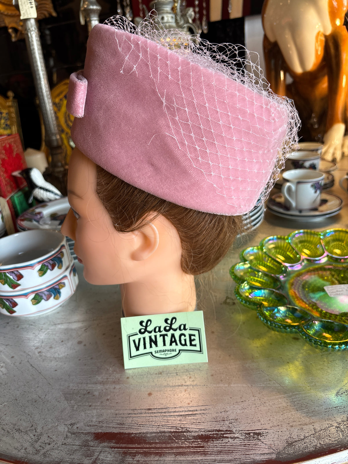 Vintage 1960s Dusty Pink Velvet Pillbox Hat with Netting Veil