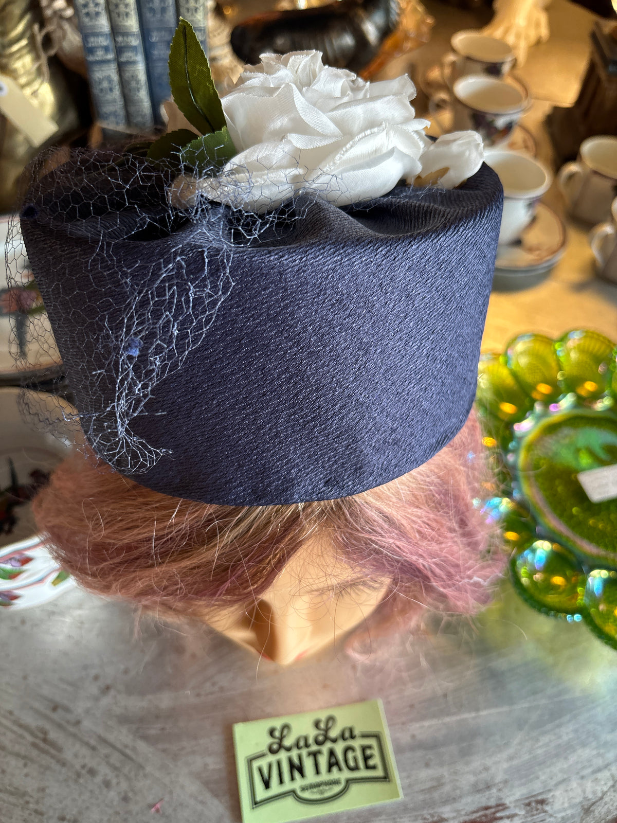 Vintage Navy Pillbox Hat with White Silk-Look Rose and Dotted Veil