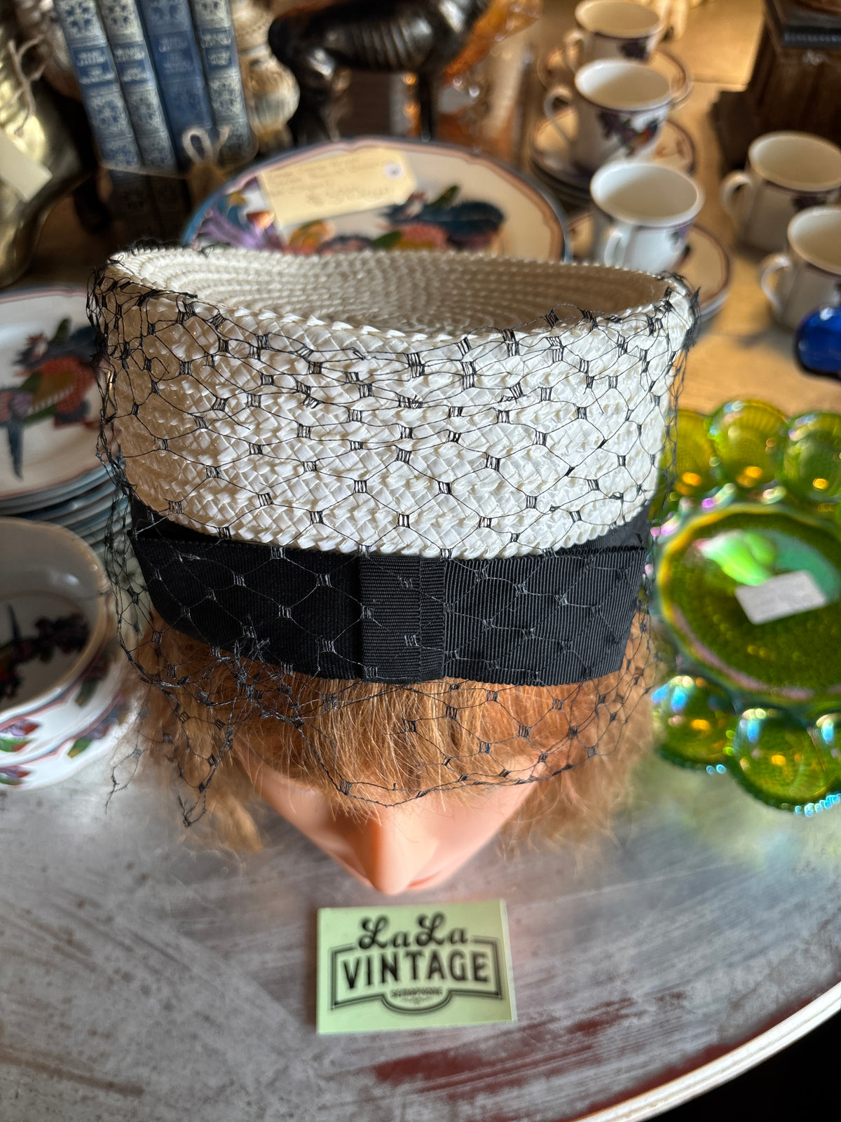 Vintage 1960s White Woven Pillbox Hat with Black Veil & Grosgrain Bow