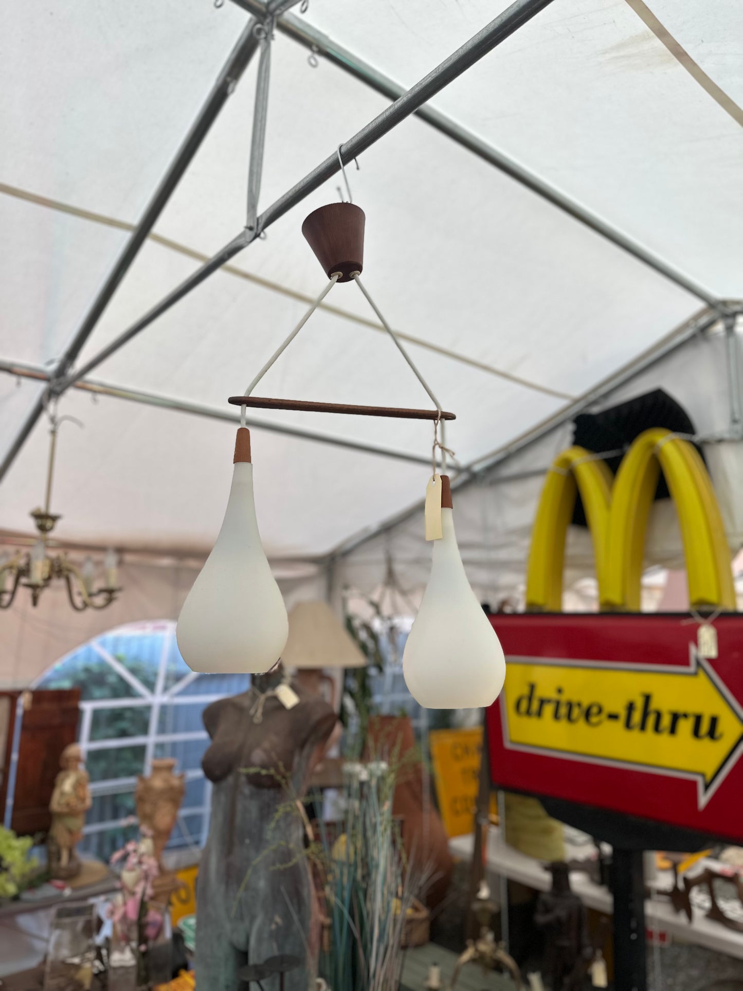 Mid-Century Modern Dual Teardrop Pendant Light - Vintage Danish Style Teak & Frosted Glass Ceiling Lamp