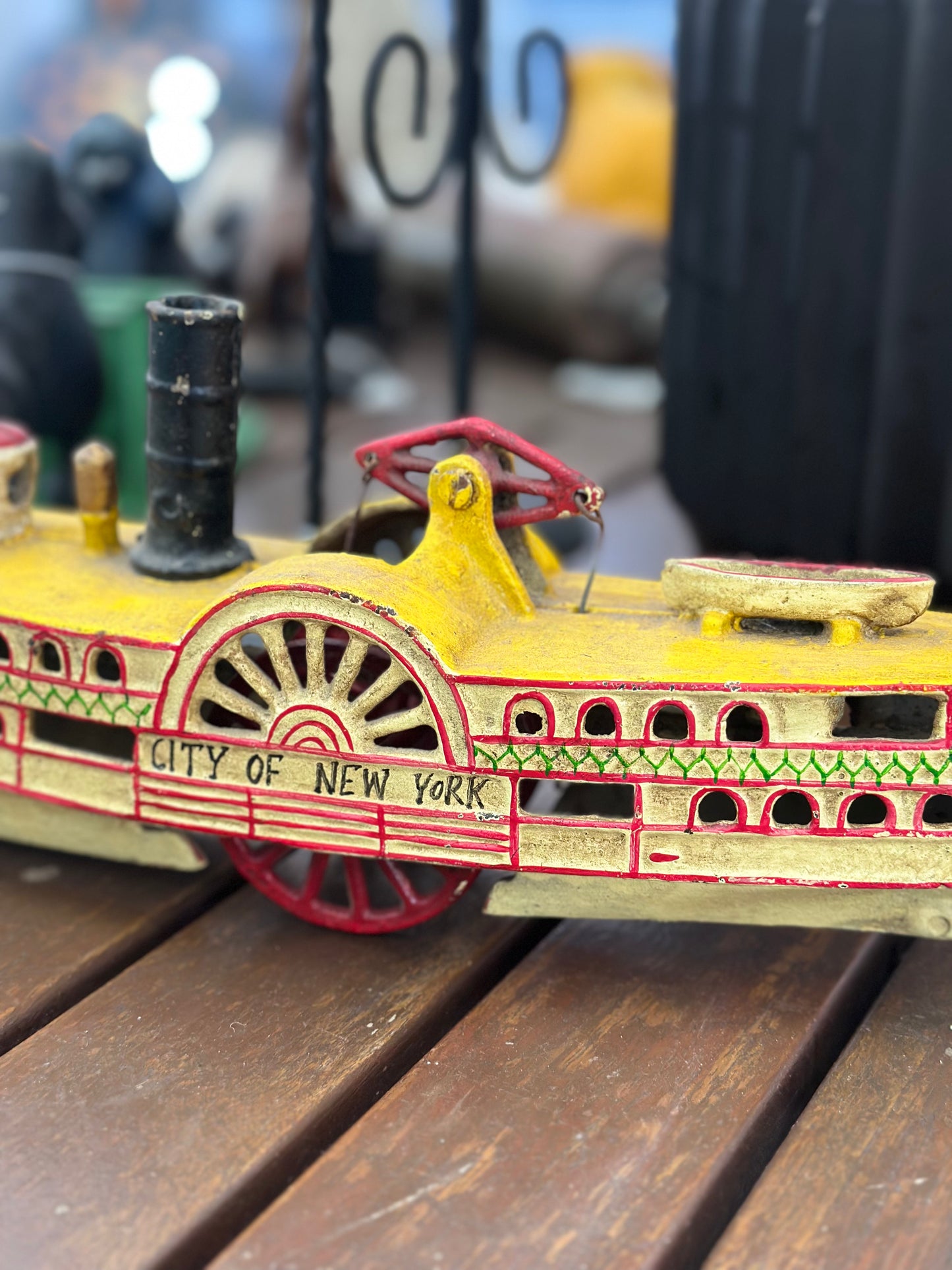 Vintage Style Cast Iron "City of New York" Paddle Steamer Boat Toy Replica