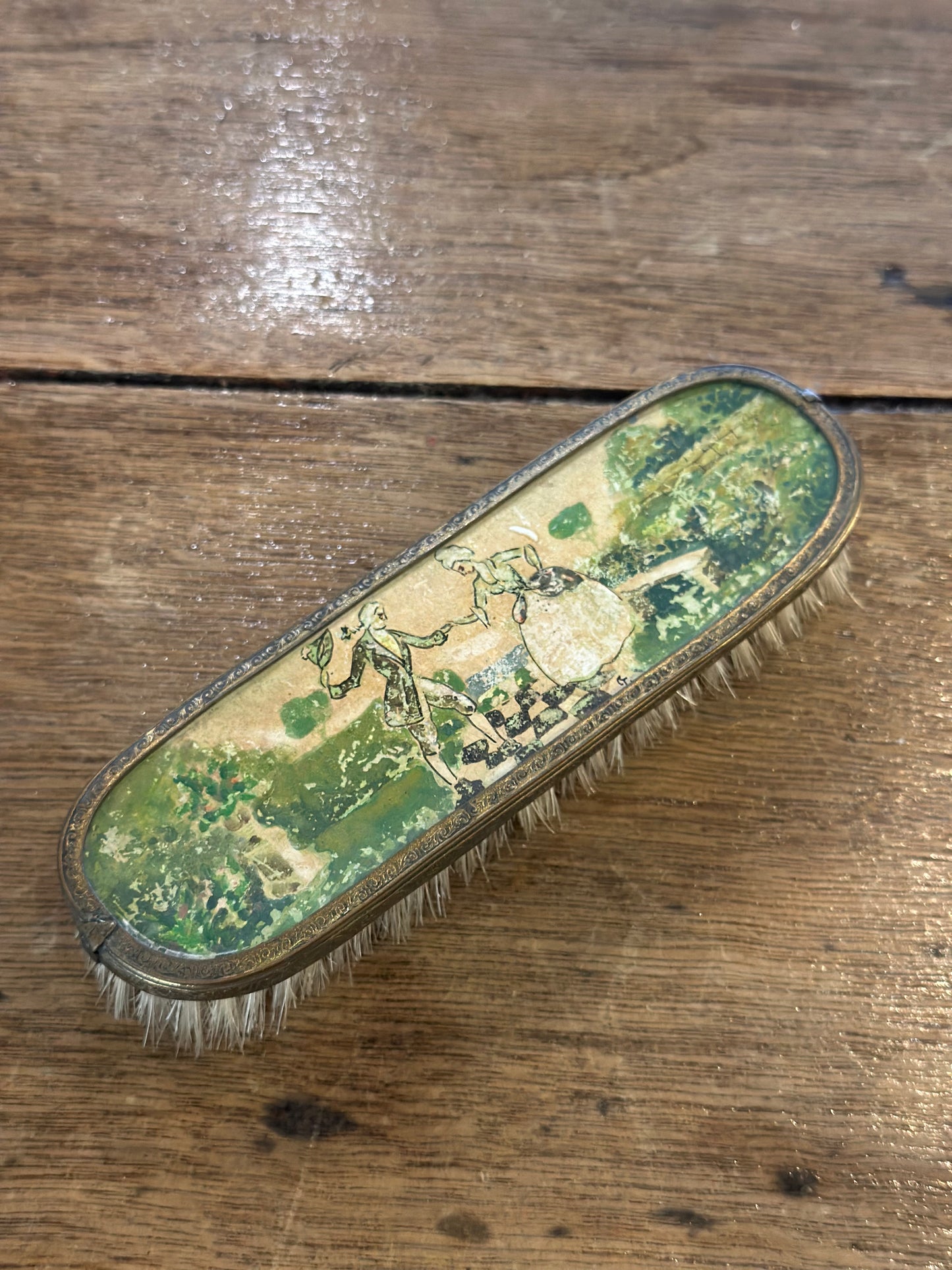 Vintage Art Deco Brass Clothes Brush with Crinoline Lady Pastoral Scene
